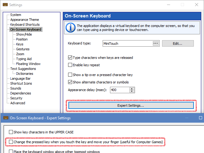 Settings for the keyboard as a gamepad